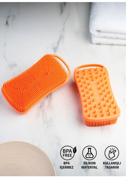 Silikon Vücut Masaj ve Temizleme Fırçası BPA İçermez Çift Yüzeyli Turuncu 1'li