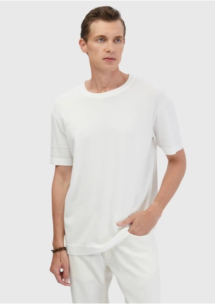 Ekru Bisiklet Yaka Düz Örgü Triko