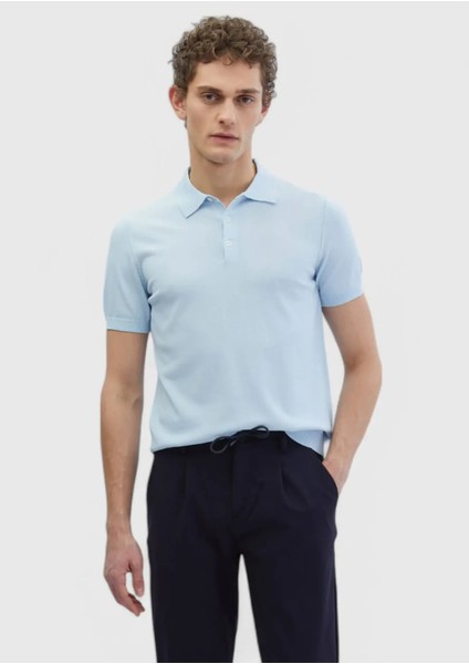 Açık Mavi Polo Yaka Düz Örgü Triko