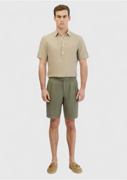Haki Düz Dokuma Carrot Fit Casual %100 Keten Bermuda