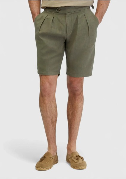 Haki Düz Dokuma Carrot Fit Casual %100 Keten Bermuda fiyatları