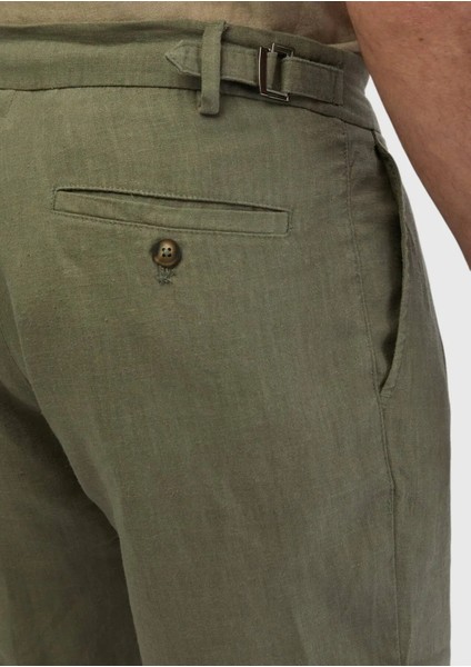 Haki Düz Dokuma Carrot Fit Casual %100 Keten Bermuda indirimleri