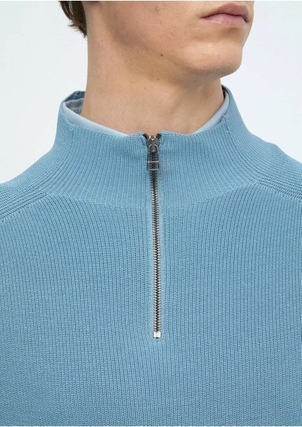 Mavi Yarım Balıkçı Yaka Jakarlı Triko Kazak indirimleri