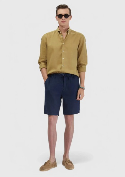 Lacivert Düz Dokuma Carrot Fit Casual %100 Keten Bermuda fiyatları