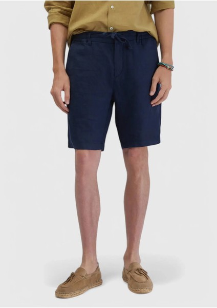Lacivert Düz Dokuma Carrot Fit Casual %100 Keten Bermuda modelleri