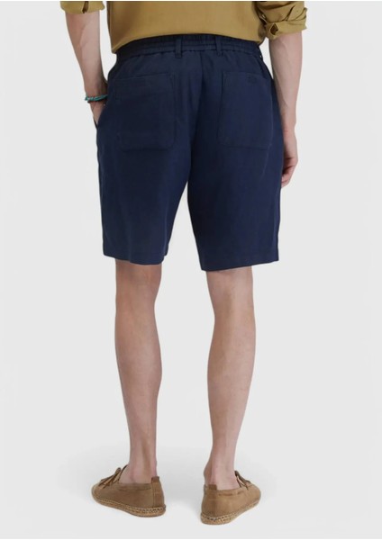 Lacivert Düz Dokuma Carrot Fit Casual %100 Keten Bermuda indirimleri