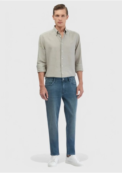 Mavi Düz Slim Fit Denim Pamuk Karışımlı Pantolon