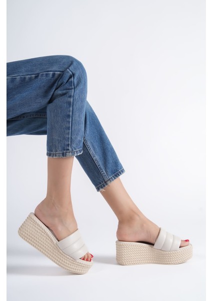 Jet-Reına Dolgu Topuklu Ortopedik Taban Hasır Görünümlü Kadın Terlik Ckt - Krem modelleri