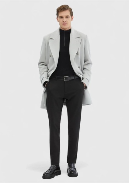 Gri Regular Fit Kruvaze Yaka Casual Dokuma Palto