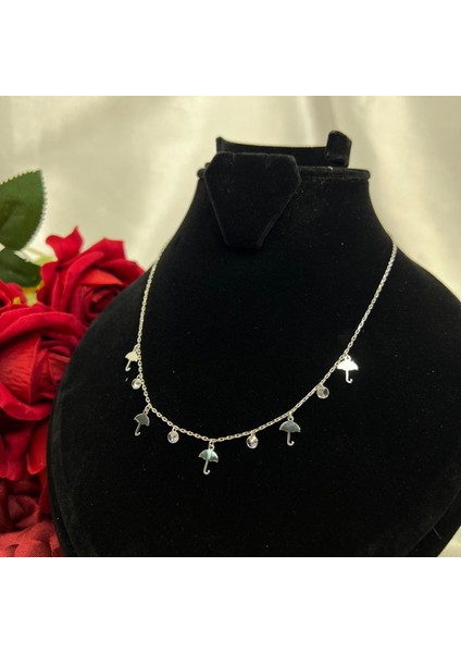 Şemsiye Figürlü Kadın Kolyesi 925 Ayar Gümüş Rodyumlu Zirkon Taşlı