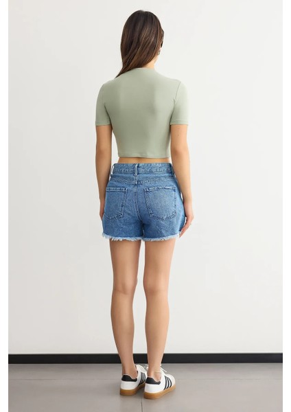 Kadın Bisiklet Yaka Temel Crop Top Green fırsatları