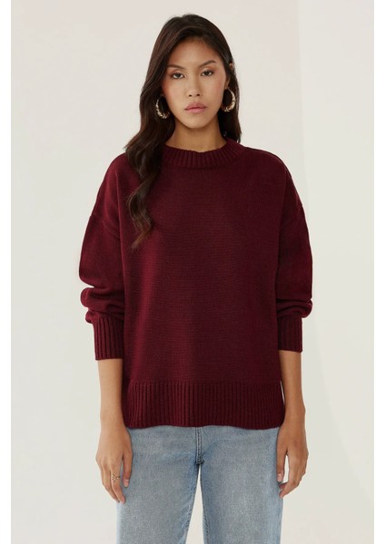 Kadın Bisiklet Yaka Relax Fit Yumuşak Triko Kazak Bordo Kırmızı modelleri