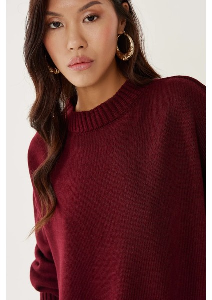 Kadın Bisiklet Yaka Relax Fit Yumuşak Triko Kazak Bordo Kırmızı fırsatları