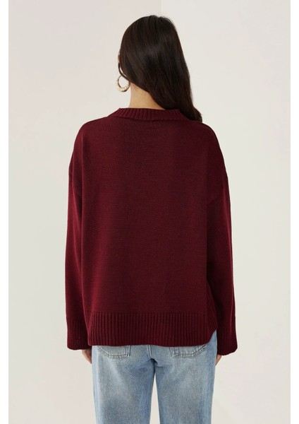 Kadın Bisiklet Yaka Relax Fit Yumuşak Triko Kazak Bordo Kırmızı indirimleri