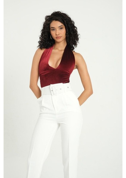 Kadın Dekolte Detaylı Kadife Sırtı Açık Kolsuz Vücut Red fiyatları