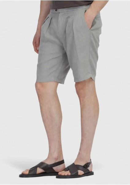 Vizon Düz Dokuma Carrot Fit Casual %100 Keten Bermuda modelleri