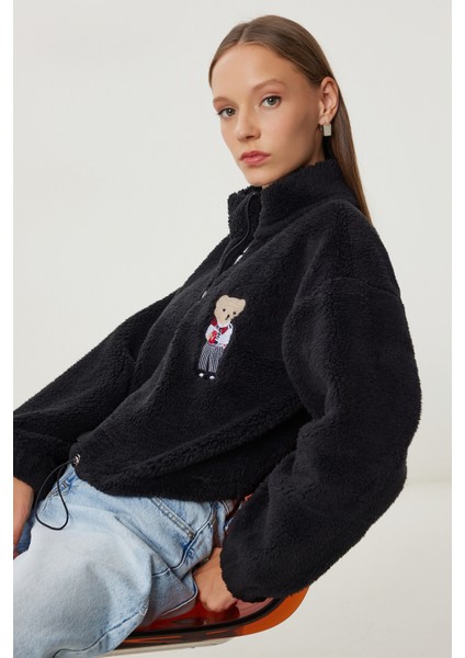 Ayıcık Işlemeli Fermuarlı Peluş Sweatshirt LZH0014 Siyah