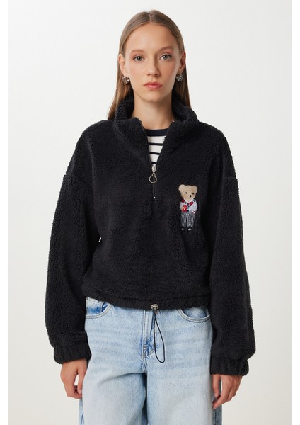 Ayıcık Işlemeli Fermuarlı Peluş Sweatshirt LZH0014 Siyah fiyatları