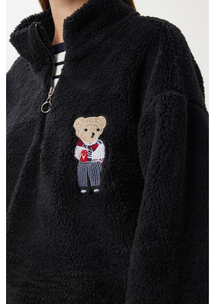 Ayıcık Işlemeli Fermuarlı Peluş Sweatshirt LZH0014 Siyah modelleri