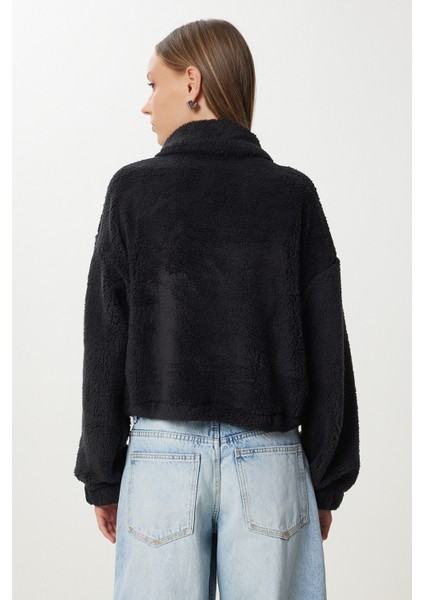 Ayıcık Işlemeli Fermuarlı Peluş Sweatshirt LZH0014 Siyah fırsatları