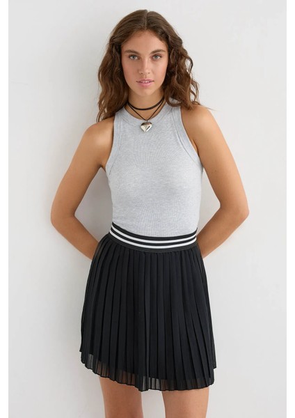 Kadın Mavi Renk Halter Yaka Basic Tank Top Açık Gri