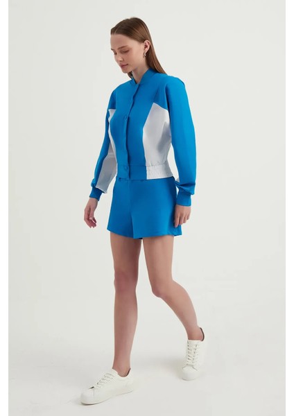 Kadın Renk Bloklu Yüksek Boyunlu Düğmeli Sweatshirt Blue