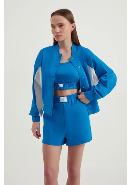 Kadın Renk Bloklu Yüksek Boyunlu Düğmeli Sweatshirt Blue fiyatları