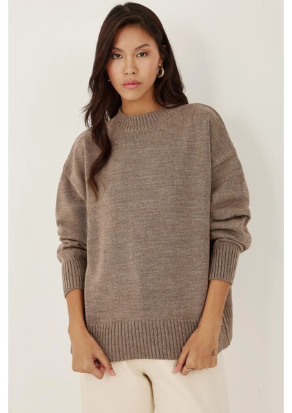 Kadın Bisiklet Yaka Relax Fit Yumuşak Triko Kazak Brown fırsatları