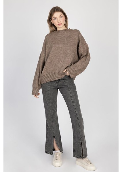 Kadın Bisiklet Yaka Relax Fit Yumuşak Triko Kazak Brown