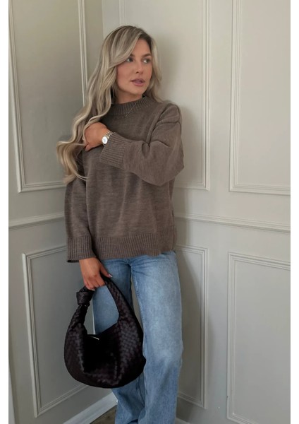 Kadın Bisiklet Yaka Relax Fit Yumuşak Triko Kazak Brown