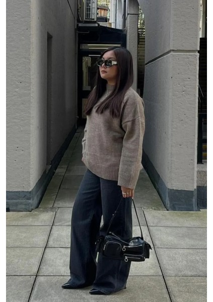 Kadın Bisiklet Yaka Relax Fit Yumuşak Triko Kazak Brown