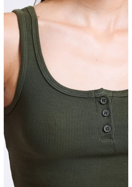 Kadın Kare Yaka Fitilli Düğmeli Askılı Tank Top Haki Yeşil indirimleri