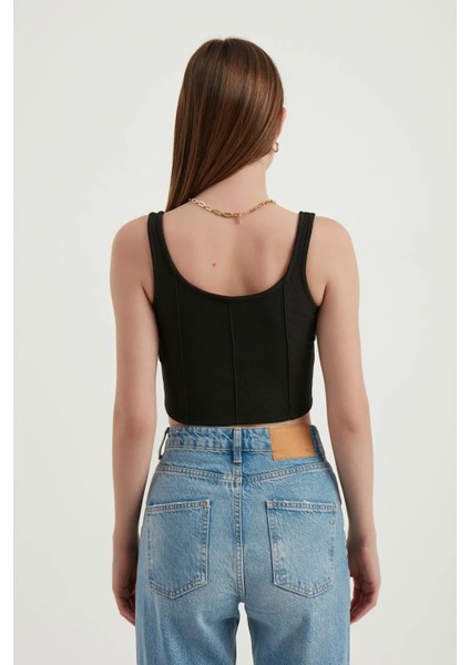 Kadın Scoop Yakalı Temel Askısız Kırpılmış Üst Black