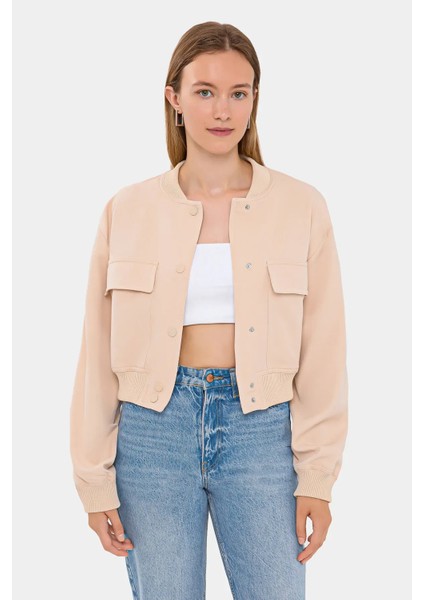 Kadın Cepli Yuvarlak Yaka Bomber Ceket Krem Doğal modelleri