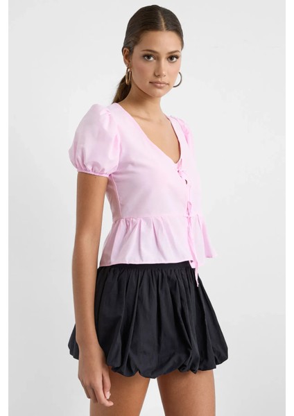 Kadın Yırtmaç Biye Detaylı V Yaka Bluz Pink modelleri