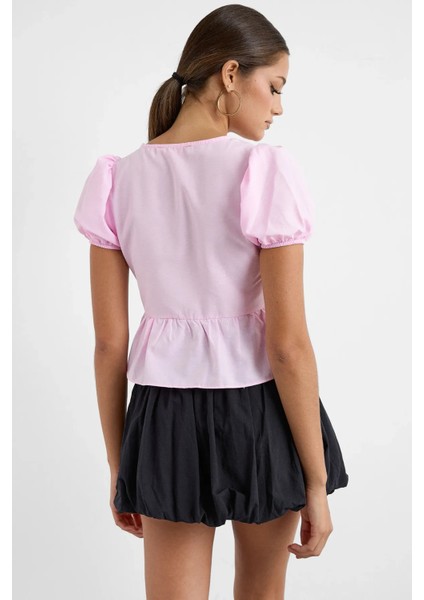 Kadın Yırtmaç Biye Detaylı V Yaka Bluz Pink fırsatları