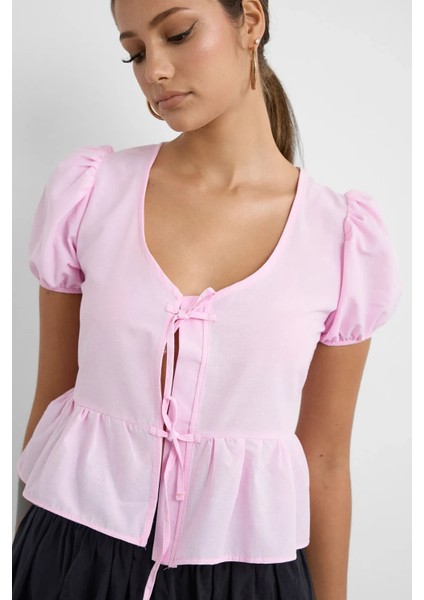 Kadın Yırtmaç Biye Detaylı V Yaka Bluz Pink indirimleri