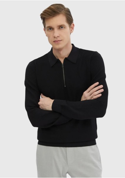 Siyah Polo Yaka Jakarlı Triko Kazak modelleri