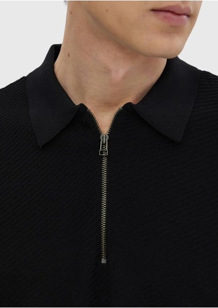 Siyah Polo Yaka Jakarlı Triko Kazak indirimleri