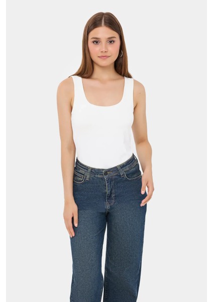 Kadın Dekolteli Dokuma Cam Askılı Tank Üst Natural