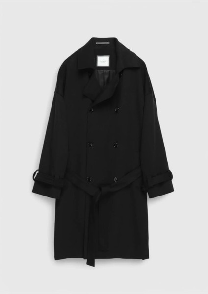 Siyah Oversize Fit Kruvaze Yaka Casual Dokuma Palto