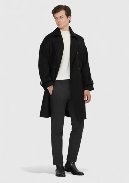Siyah Oversize Fit Kruvaze Yaka Casual Dokuma Palto fiyatları