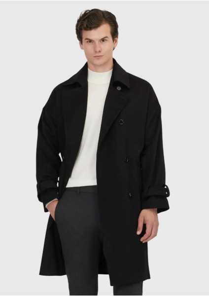 Siyah Oversize Fit Kruvaze Yaka Casual Dokuma Palto modelleri