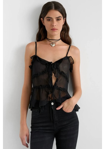 Kadın Fırfır Detaylı Önü Bağcıklı Tül Bluz Black