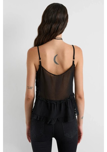 Kadın Fırfır Detaylı Önü Bağcıklı Tül Bluz Black fırsatları