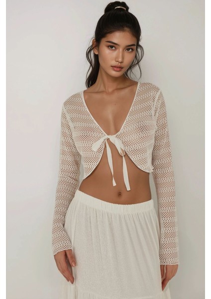 Kadın Kroşeli Bağlama Detay Uzun Kollu Crop Üst Natural