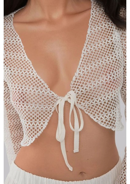 Kadın Kroşeli Bağlama Detay Uzun Kollu Crop Üst Natural fiyatları