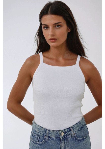 Kadın Halter Yaka Fitilli Basic Üst White fiyatları