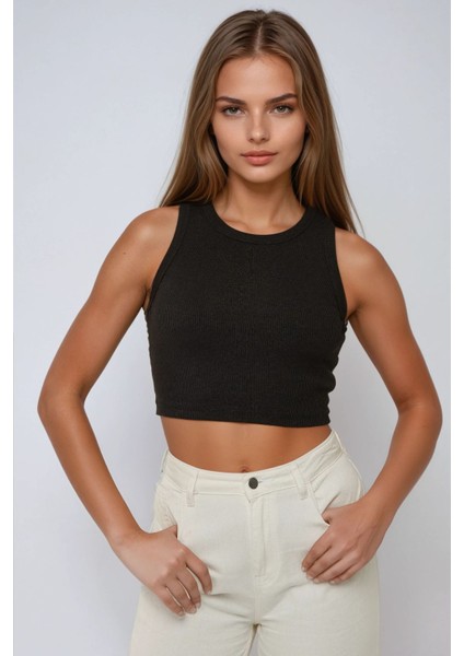 Kadın Halter Yaka Fitilli Kısa Örme Askılı Üst Black