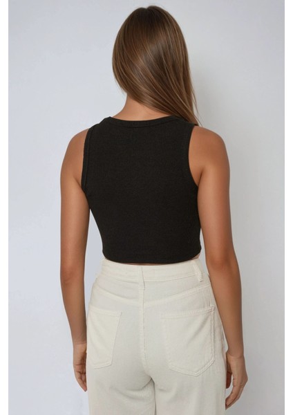 Kadın Halter Yaka Fitilli Kısa Örme Askılı Üst Black fırsatları